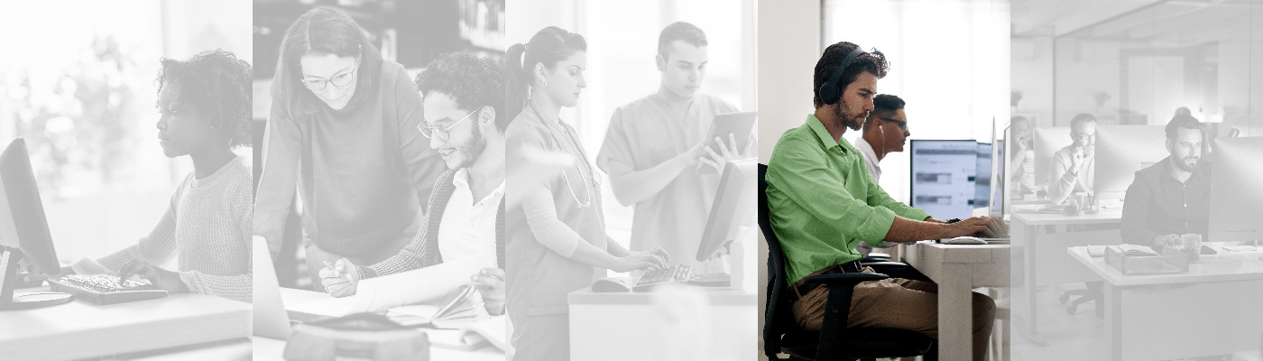 two people working side by side, one wearing headphones and the other earbuds