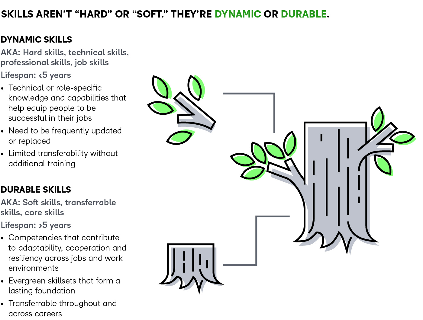 Dynamic skills have a lifespan of less than 5 years. They're also known as hard skills, technical skills, professional skills, and job skills. They're technical or role-specific knowledge and capabilities that help equip people to be successful in their jobs, need to be frequently updated or replace, and have limited transferability without additional training. Durable skills have a lifespan of more than 5 years. They're also known as soft skills, transferrable skills, and core skills. They're competencies that contribute to adaptability, cooperation and resiliency across jobs and work environments, are evergreen skillsets that form a lasting foundation, and are transferrable throughout and across careers.