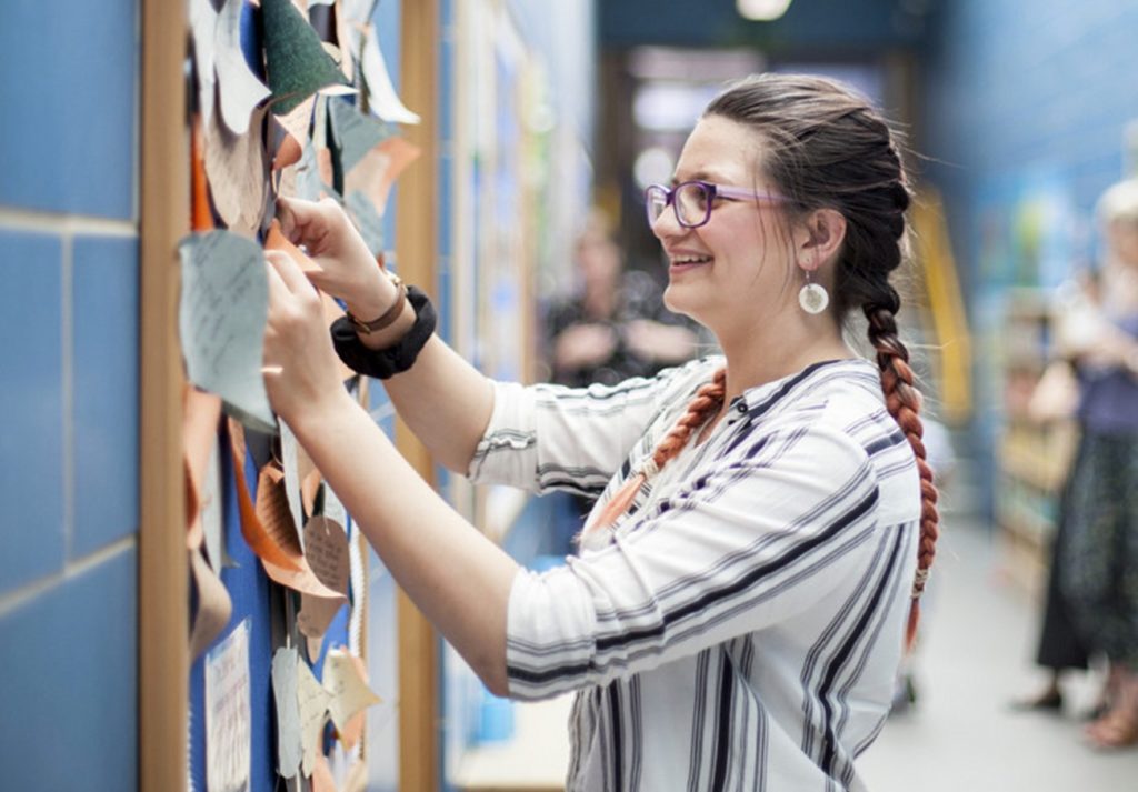 Teacher putting up papers on board