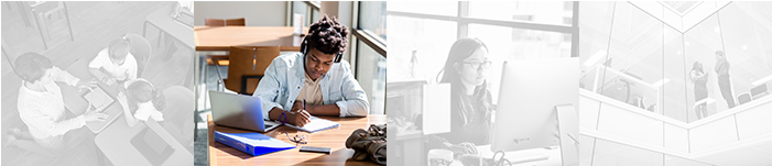 student working on a laptop while wearing headphones