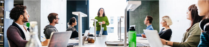 Woman delivering a presentation to a room full of people