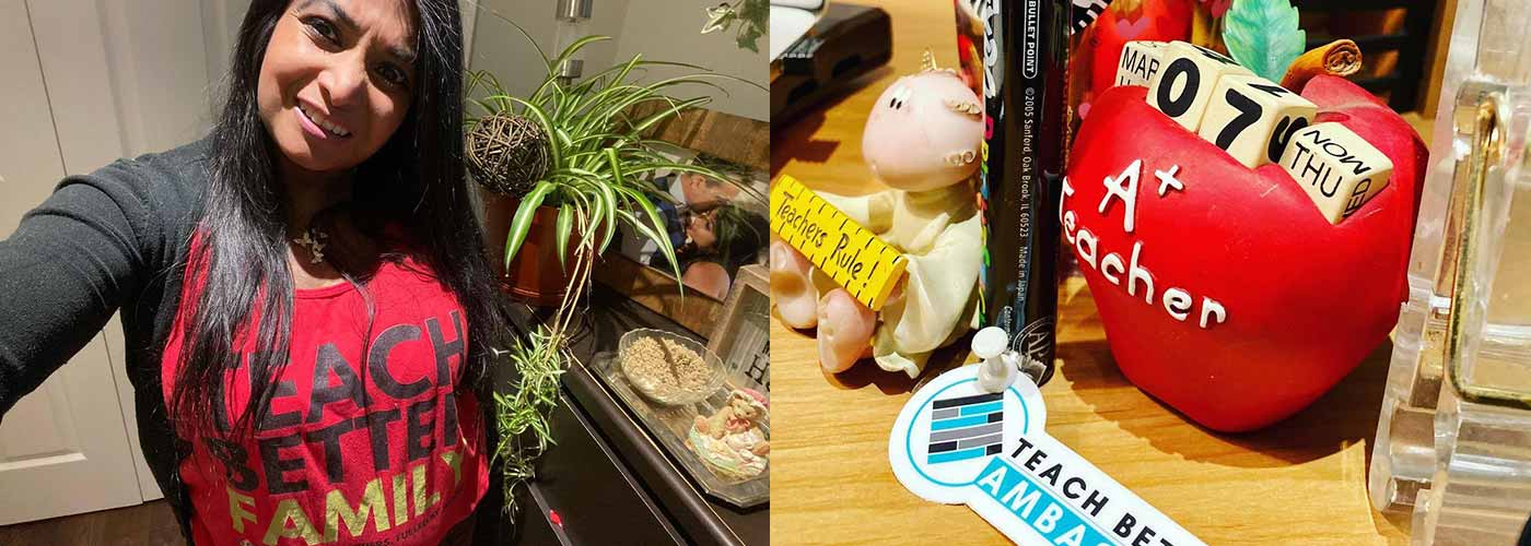 Nilmini Ratwatte-Henstridge has a tshirt on saying "Teach Better Family" and there's also an image of some objects on her desk including an apple