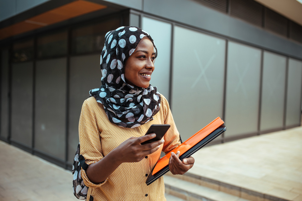 student on phone