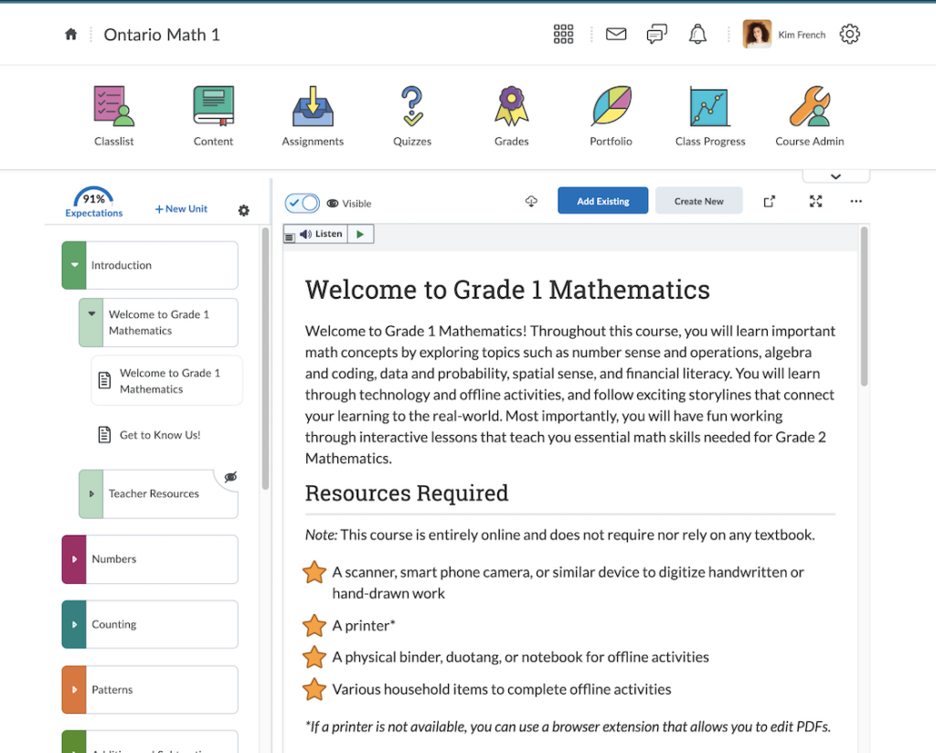 screenshot of bayfield ontario grade 1 math resource